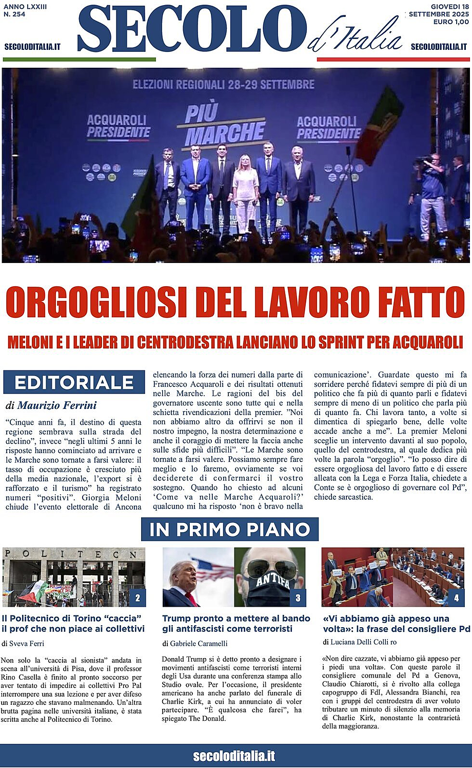 Prima pagina Secolo d'Italia di oggi - Edicola 18 Settembre 2025