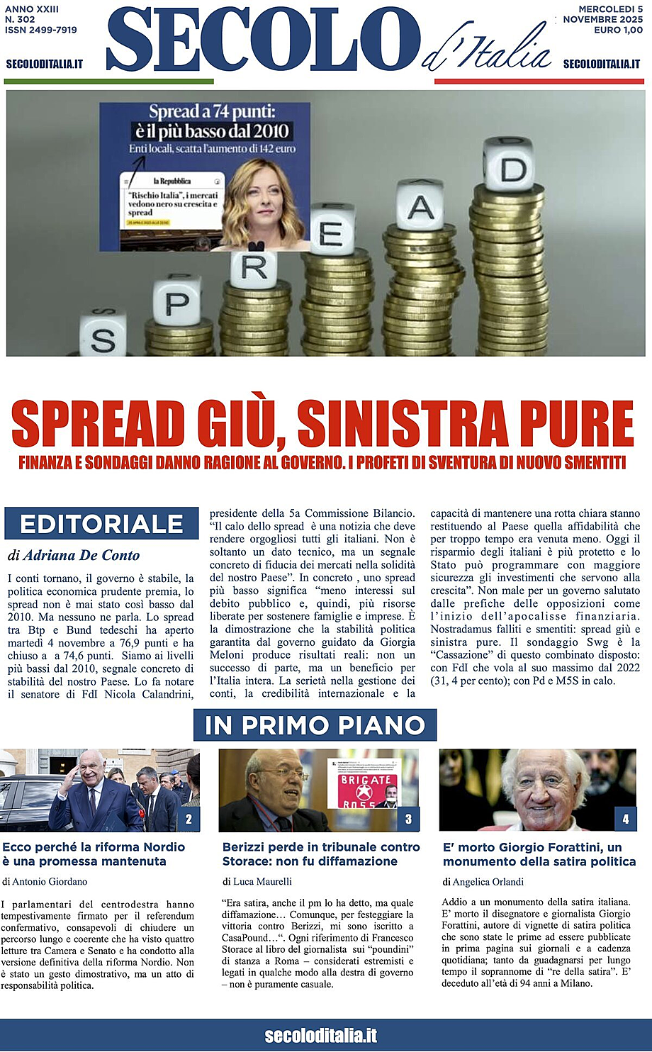 Prima pagina Secolo d'Italia di oggi - Edicola 5 Novembre 2025