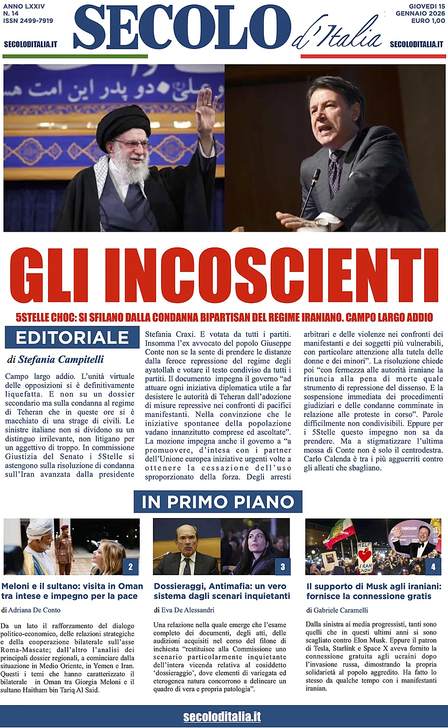 Prima pagina Secolo d'Italia di oggi - Edicola 15 Gennaio 2026
