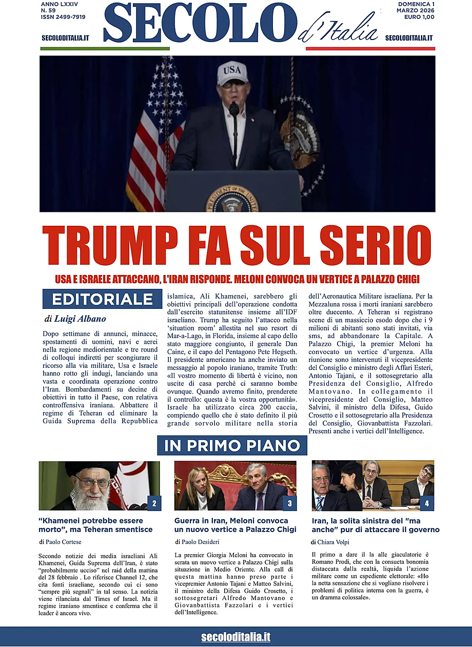 Prima pagina Secolo d'Italia di oggi - Edicola 1 Marzo 2026