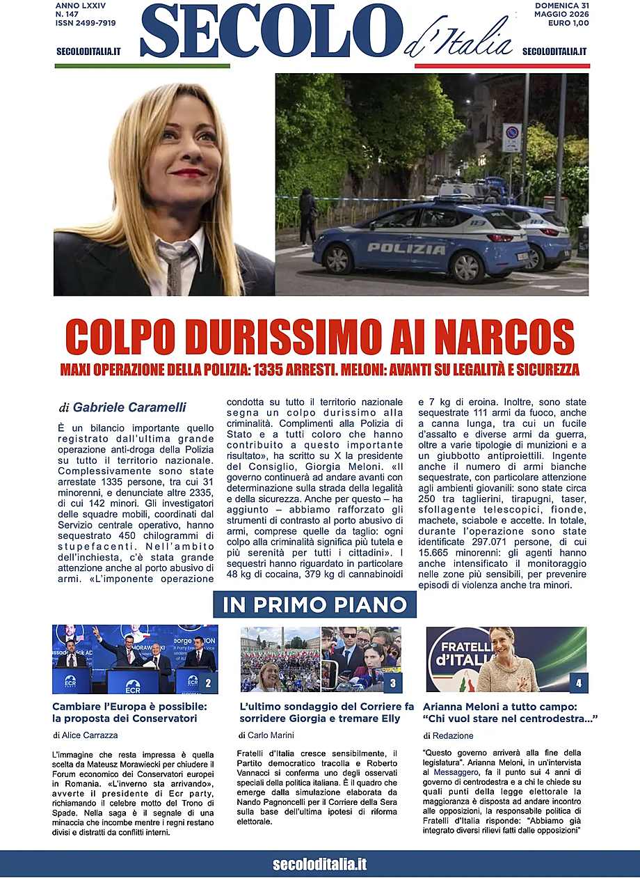 Prima pagina Secolo d'Italia di oggi - Edicola 31 Maggio 2026