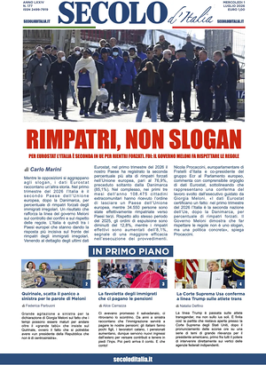 Prima pagina Secolo d'Italia di oggi - Quotidiano nazionale