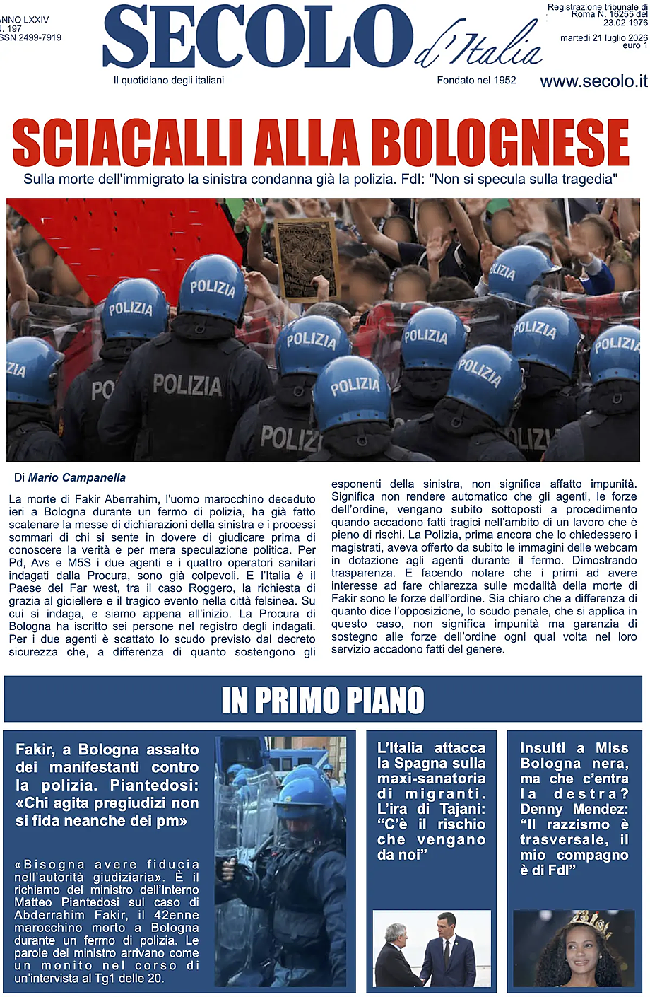 Prima pagina Secolo d'Italia di oggi - Edicola 21 Luglio 2026