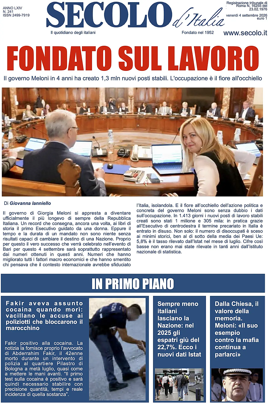 Prima pagina Secolo d'Italia di oggi - Edicola 4 Settembre 2026