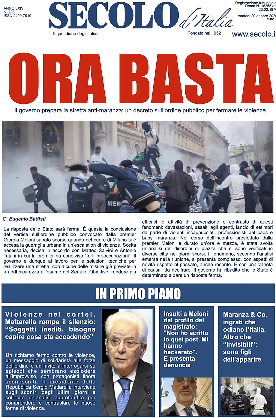 Prima pagina Secolo d'Italia di oggi - Edicola 20 Ottobre 2026