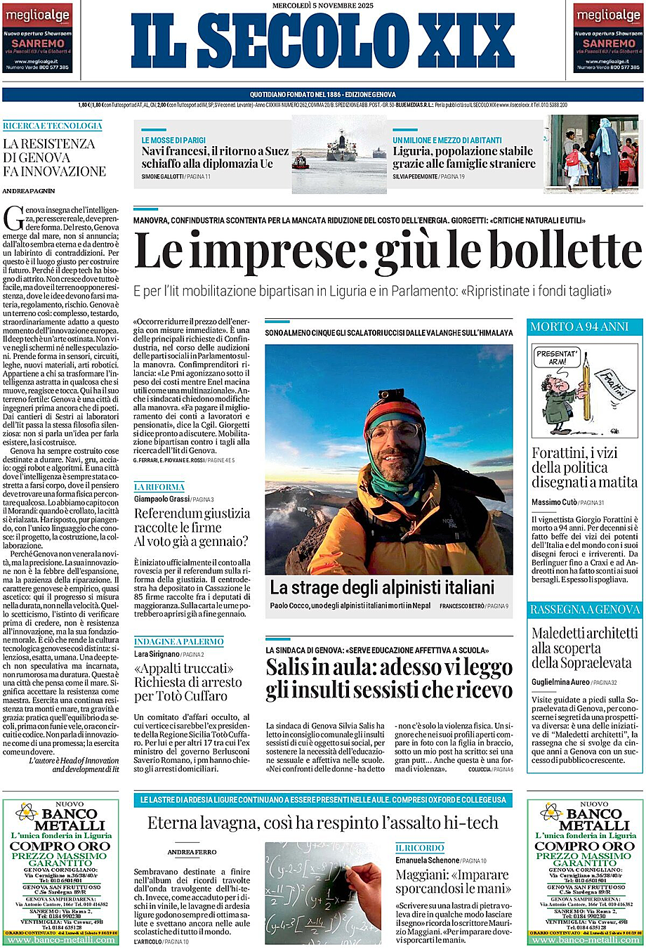 Prima pagina Il Secolo XIX di oggi - Edicola 5 Novembre 2025