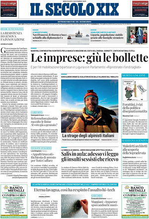 Prima pagina Il Secolo XIX di oggi - Quotidiano nazionale