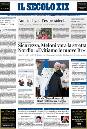 Prima pagina Il Secolo XIX di oggi - Quotidiano nazionale