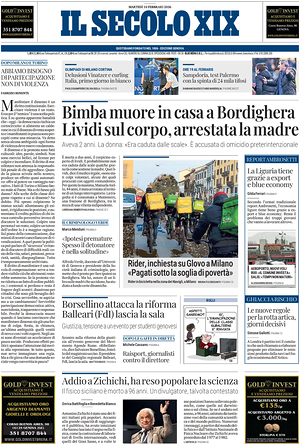 Prima pagina Il Secolo XIX di oggi - Quotidiano nazionale