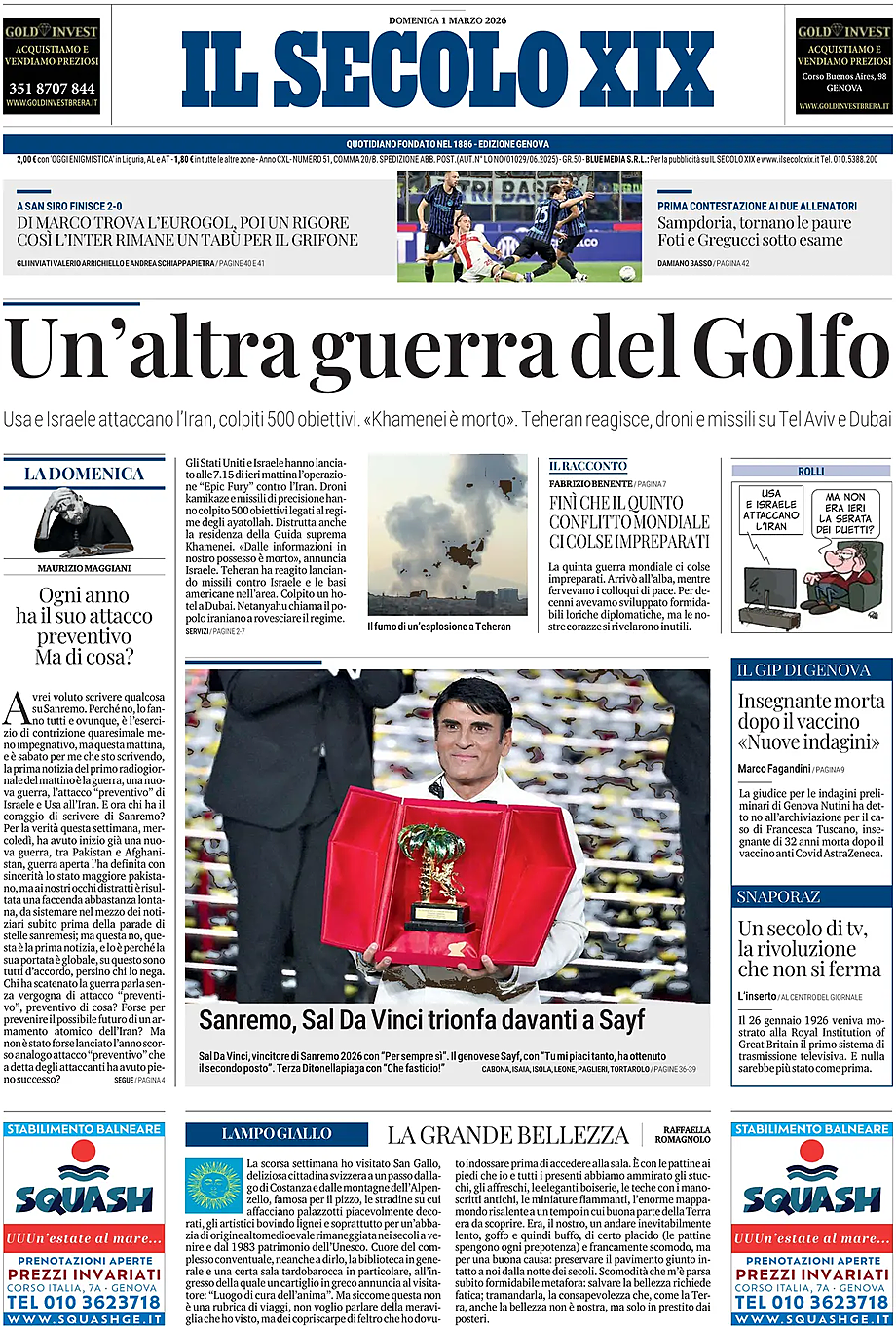 Prima pagina Il Secolo XIX di oggi - Edicola 1 Marzo 2026