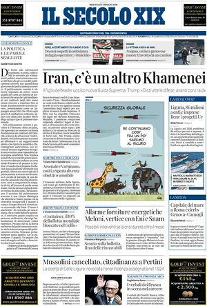 Prima pagina Il Secolo XIX di oggi - Quotidiano nazionale