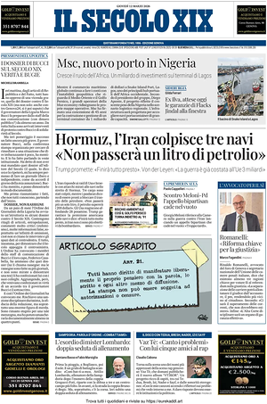 Prima pagina Il Secolo XIX di oggi - Quotidiano nazionale