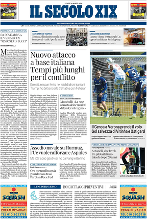 Prima pagina Il Secolo XIX di oggi - Quotidiano nazionale