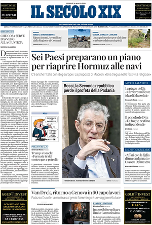 Prima pagina Il Secolo XIX di oggi - Quotidiano nazionale