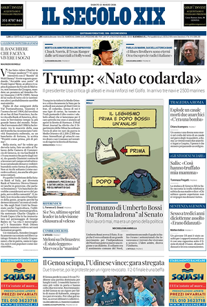 Prima pagina Il Secolo XIX di oggi - Quotidiano nazionale