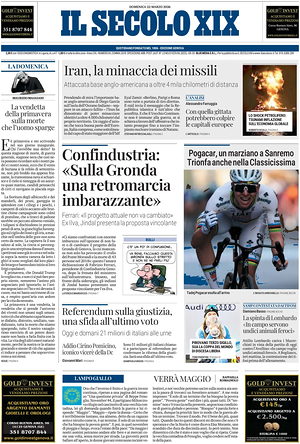 Prima pagina Il Secolo XIX di oggi - Quotidiano nazionale