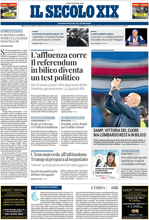 Prima pagina Il Secolo XIX di oggi - Quotidiano nazionale