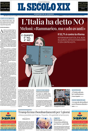 Prima pagina Il Secolo XIX di oggi - Quotidiano nazionale