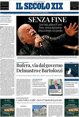 Prima pagina Il Secolo XIX di oggi - Quotidiano nazionale