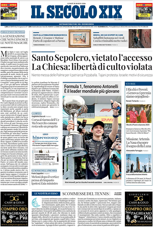 Prima pagina Il Secolo XIX di oggi - Quotidiano nazionale