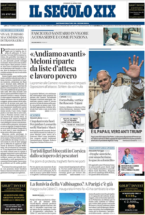 Prima pagina Il Secolo XIX di oggi - Quotidiano nazionale