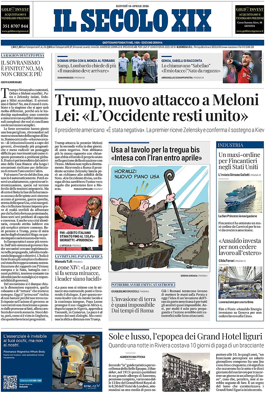 Prima pagina Il Secolo XIX di oggi - Edicola 16 Aprile 2026