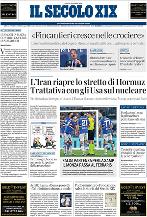 Prima pagina Il Secolo XIX di oggi - Quotidiano nazionale