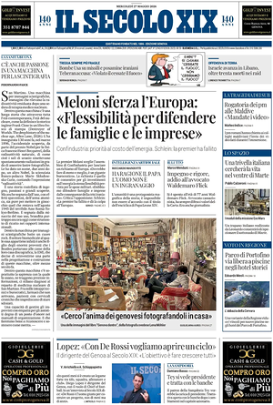 Prima pagina Il Secolo XIX di oggi - Quotidiano nazionale
