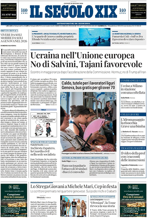 Prima pagina Il Secolo XIX di oggi - Quotidiano nazionale