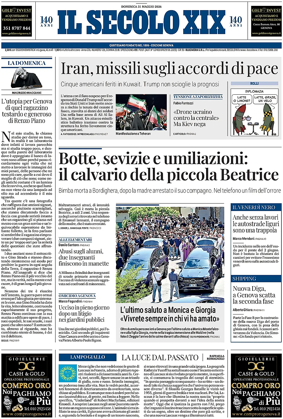 Prima pagina Il Secolo XIX di oggi - Edicola 31 Maggio 2026