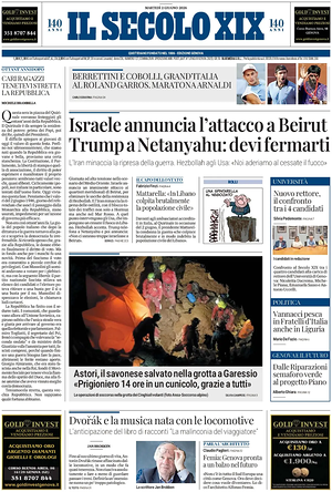 Prima pagina Il Secolo XIX di oggi - Quotidiano nazionale