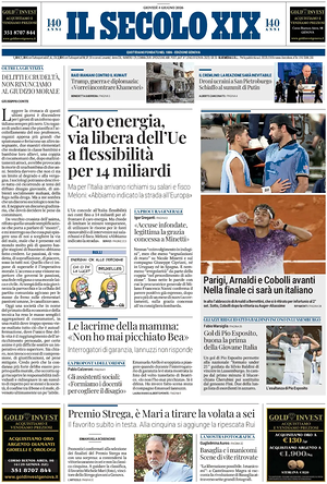 Prima pagina Il Secolo XIX di oggi - Quotidiano nazionale