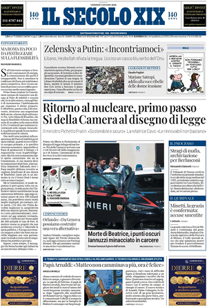 Prima pagina Il Secolo XIX di oggi - Quotidiano nazionale
