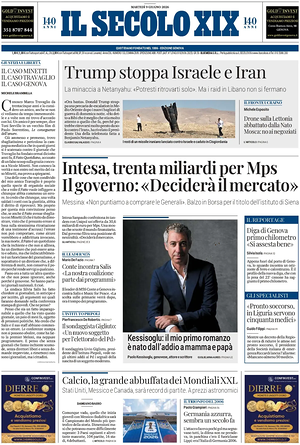 Prima pagina Il Secolo XIX di oggi - Quotidiano nazionale