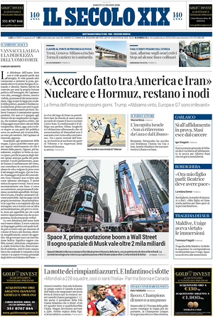 Prima pagina Il Secolo XIX di oggi - Quotidiano nazionale