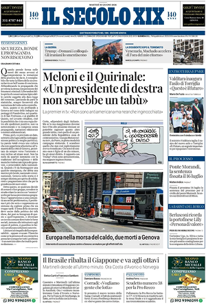 Prima pagina Il Secolo XIX di oggi - Quotidiano nazionale