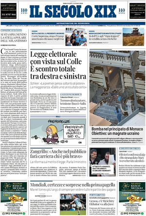Prima pagina Il Secolo XIX di oggi - Quotidiano nazionale