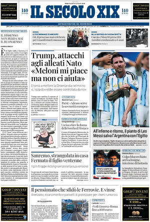 Prima pagina Il Secolo XIX di oggi - Quotidiano nazionale