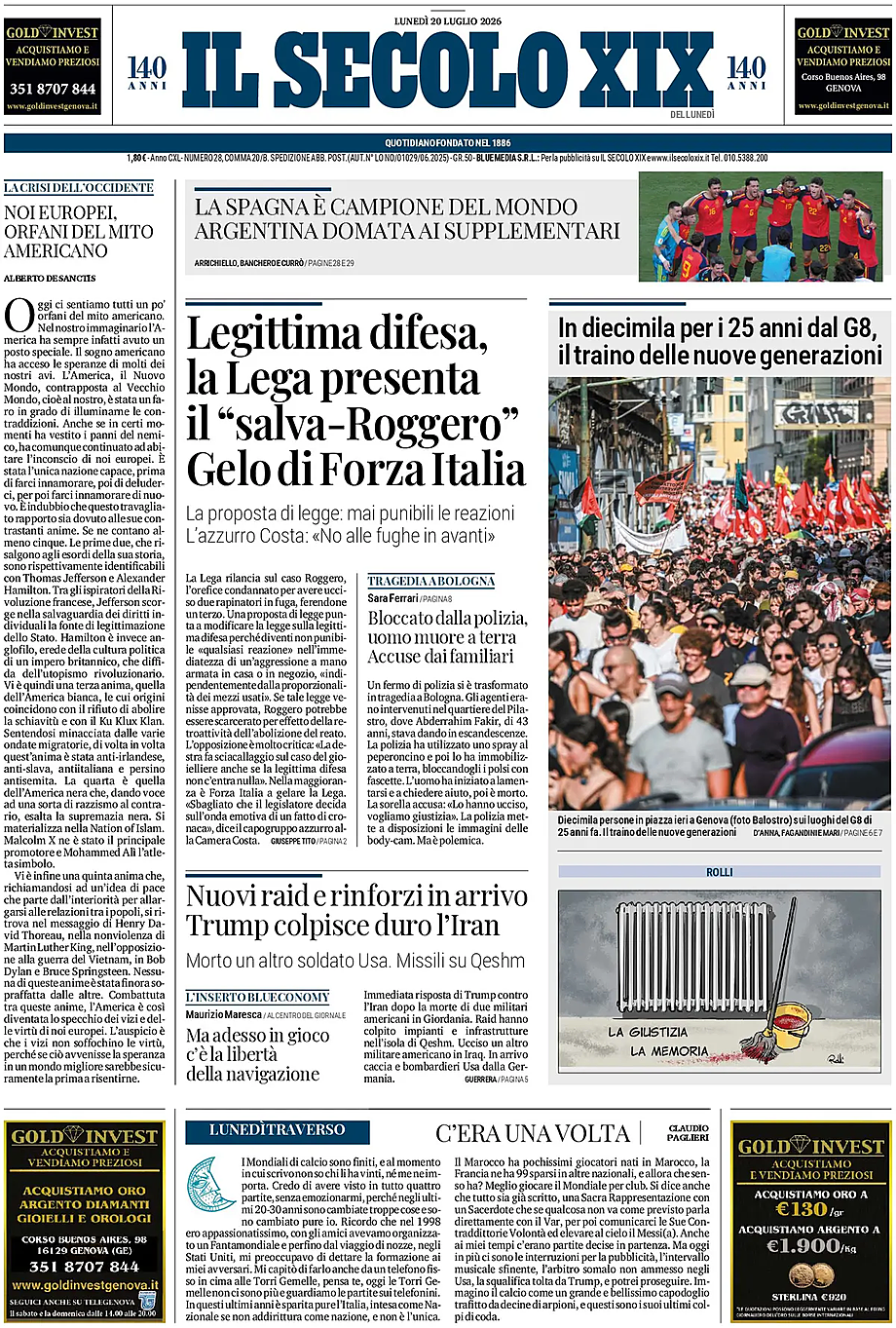 Prima pagina Il Secolo XIX di oggi - Edicola 20 Luglio 2026