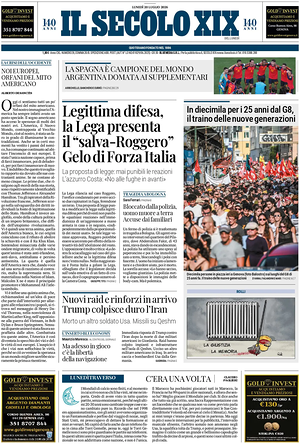 Prima pagina Il Secolo XIX di oggi - Quotidiano nazionale