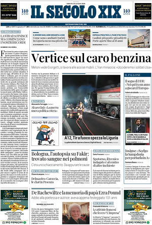 Prima pagina Il Secolo XIX di oggi - Quotidiano nazionale