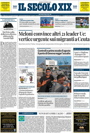 Prima pagina Il Secolo XIX di oggi - Quotidiano nazionale