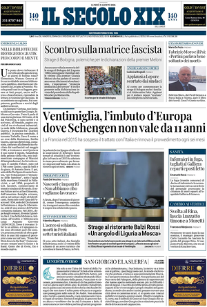 Prima pagina Il Secolo XIX di oggi - Quotidiano nazionale