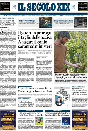 Prima pagina Il Secolo XIX di oggi - Quotidiano nazionale