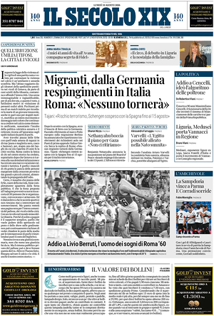 Prima pagina Il Secolo XIX di oggi - Quotidiano nazionale