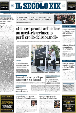 Prima pagina Il Secolo XIX di oggi - Quotidiano nazionale