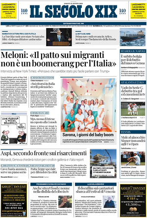 Prima pagina Il Secolo XIX di oggi - Quotidiano nazionale