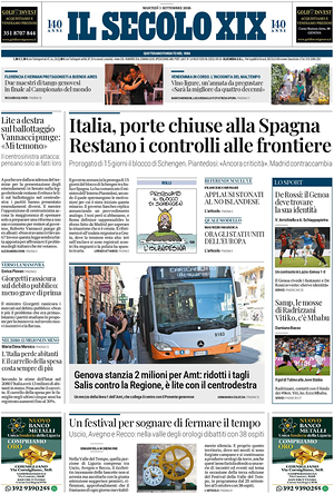 Prima pagina Il Secolo XIX di oggi - Quotidiano nazionale