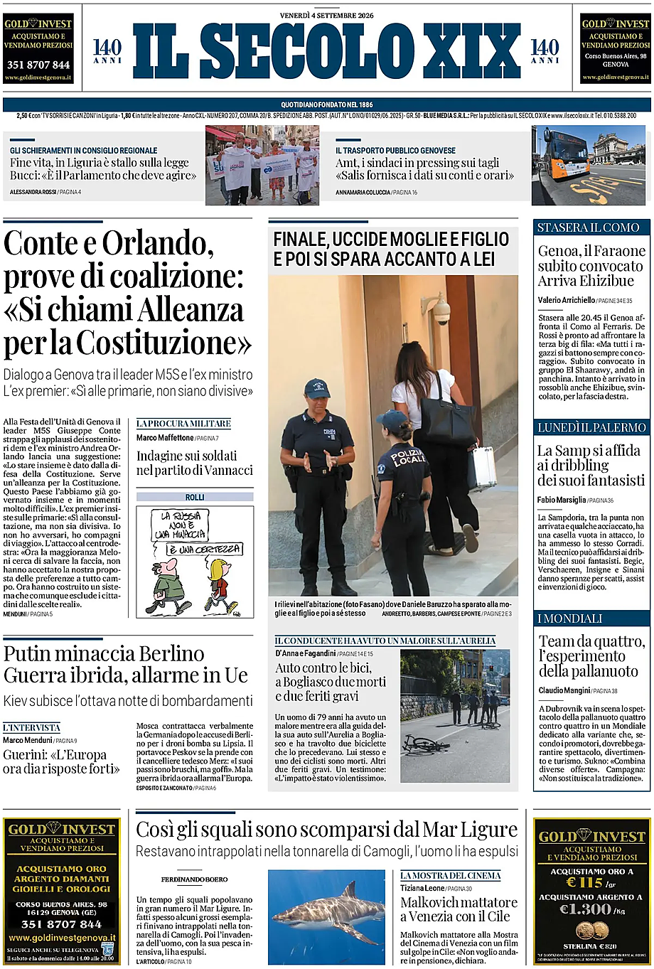 Prima pagina Il Secolo XIX di oggi - Edicola 4 Settembre 2026