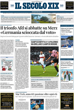 Prima pagina Il Secolo XIX di oggi - Quotidiano nazionale